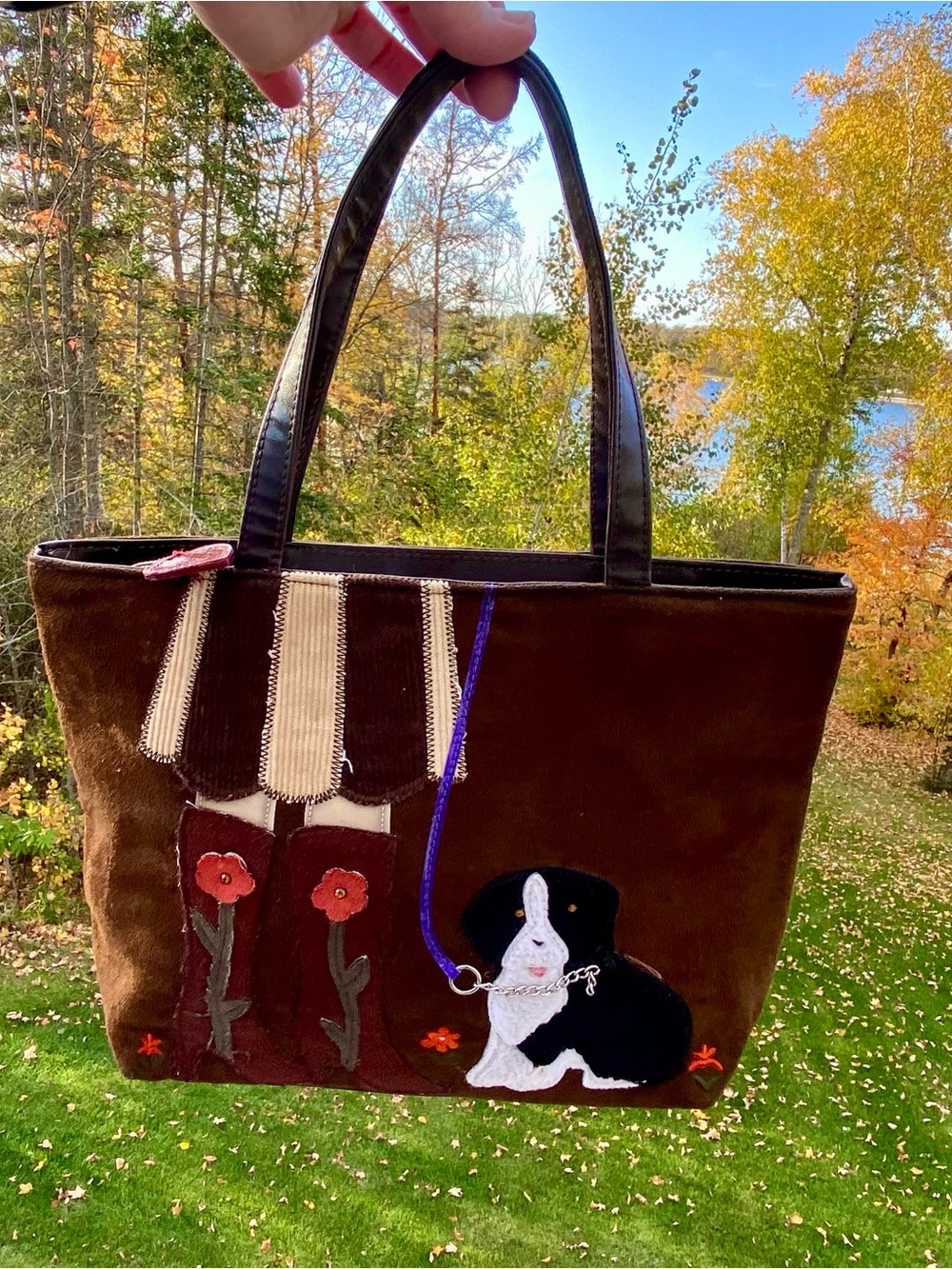 Women’s Brown Suede Handbag w Flower Boot and Dog Appliqué